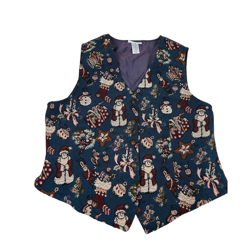 Vintage White Stag Vest Women's Large Christmas Tapestry Santa Snowman 90's